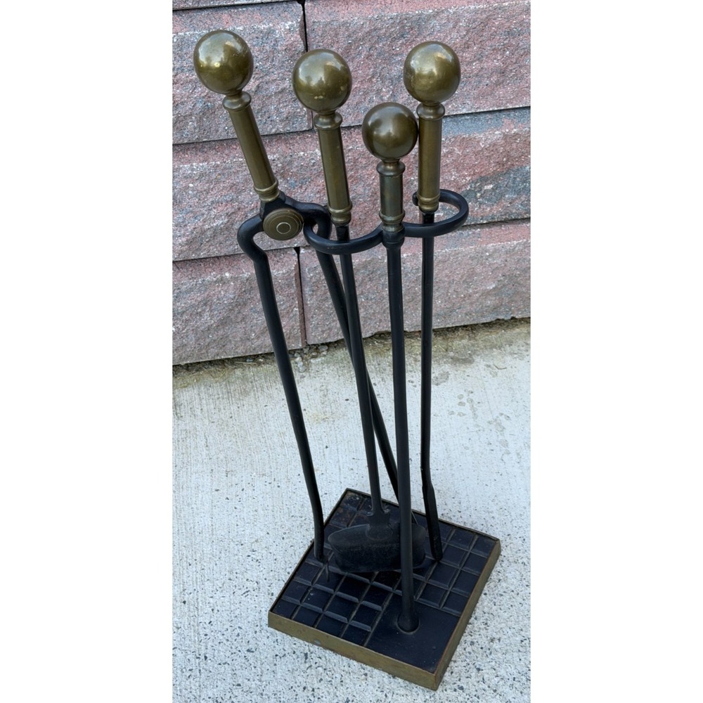 VTG Antique SOLID BRASS & IRON Fireplace Tool SET 4 - POKER SHOVEL TONGS STAND